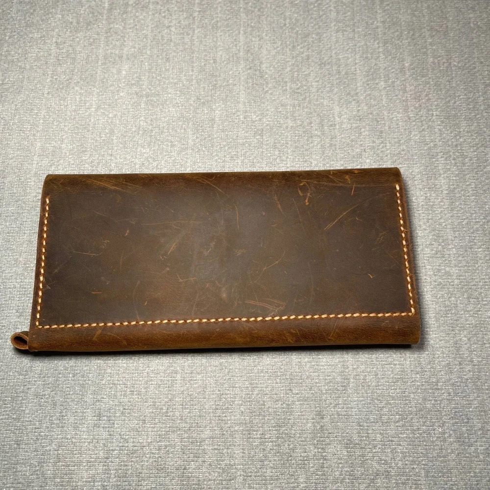 Distressed Genuine Brown Leather Long Wallet Snap Closure Card‎ Holder Zip